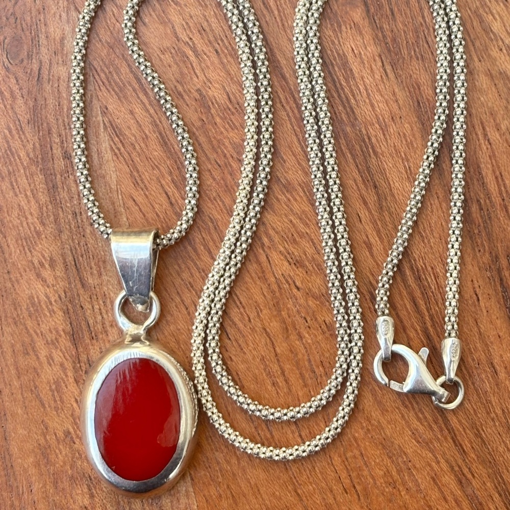 Vintage Sterling Silver Red Enamel Pendant • 925 Italian Chain • 18”